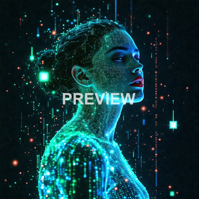 A futuristic digital artwork of a woman with glowing, circuit-like patterns on her face and body, surrounded by floating digital data and light particles.